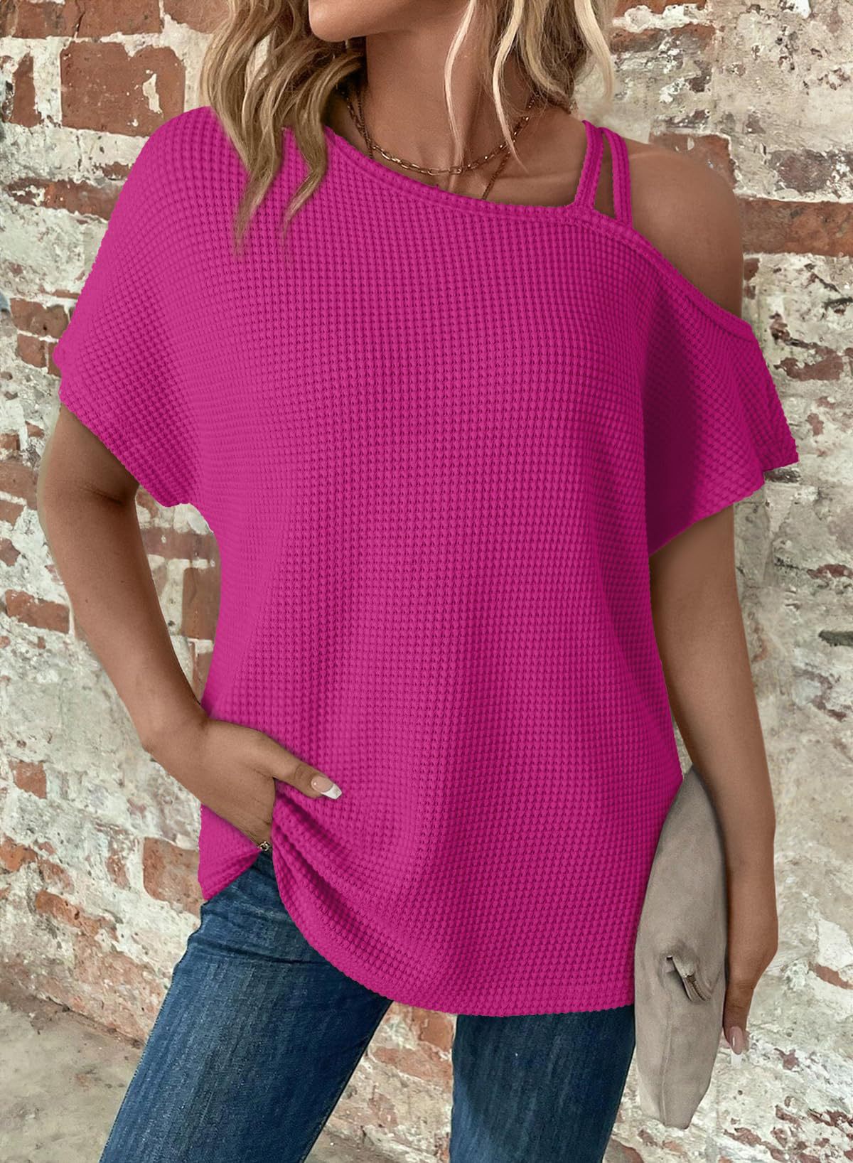 Women's Off-Shoulder Knit Top – Casual Summer Short Sleeve Blouse