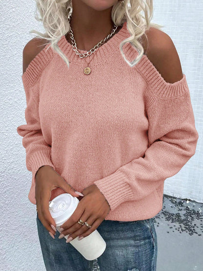 Women's Cold Shoulder Knit Sweater Crew Neck Pullover
