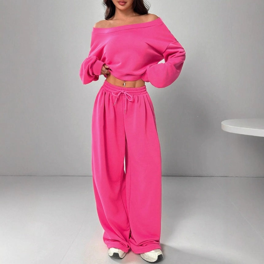 Women's Off Shoulder Crop Top Wide Leg Pants Lounge Set