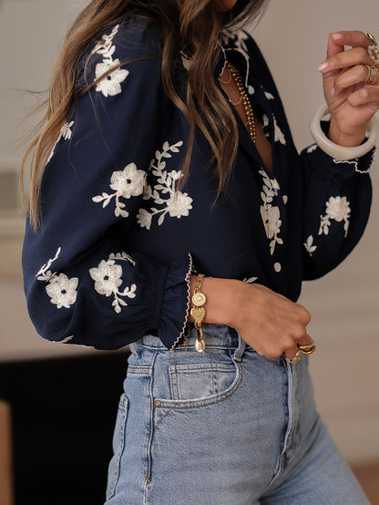 Boho Floral Embroidered Balloon Sleeve Button Down Blouse