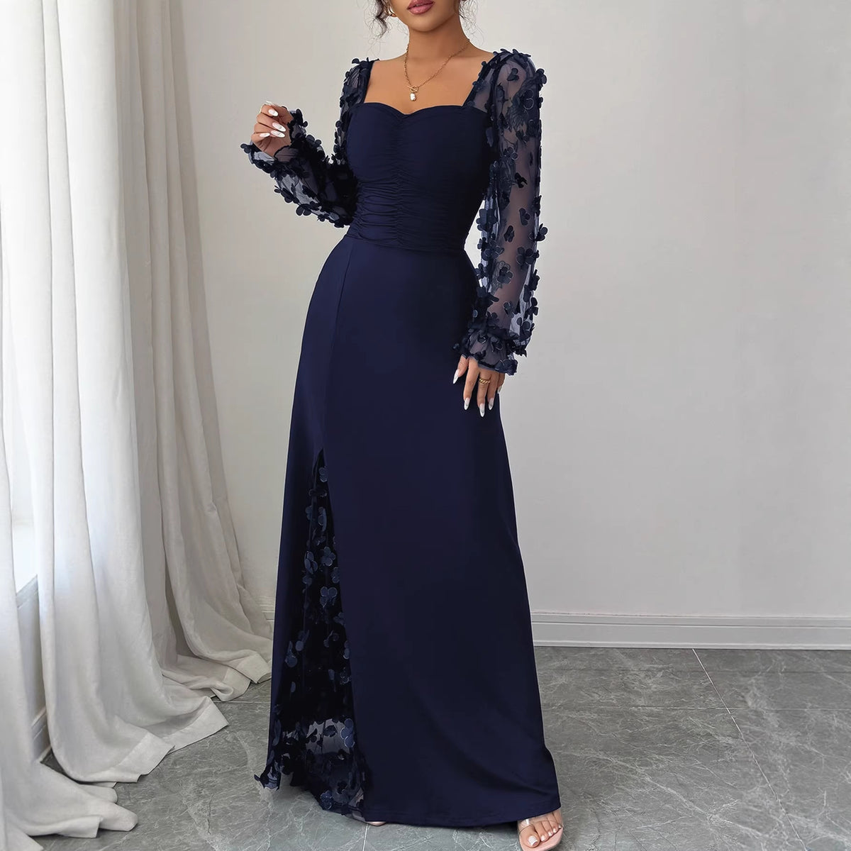 Floral Mesh Puff Sleeve Square Neck Maxi Dress