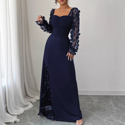 Floral Mesh Puff Sleeve Square Neck Maxi Dress