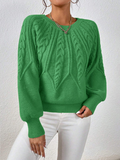 Women's Cable Knit Balloon Sleeve Crew Neck Sweater