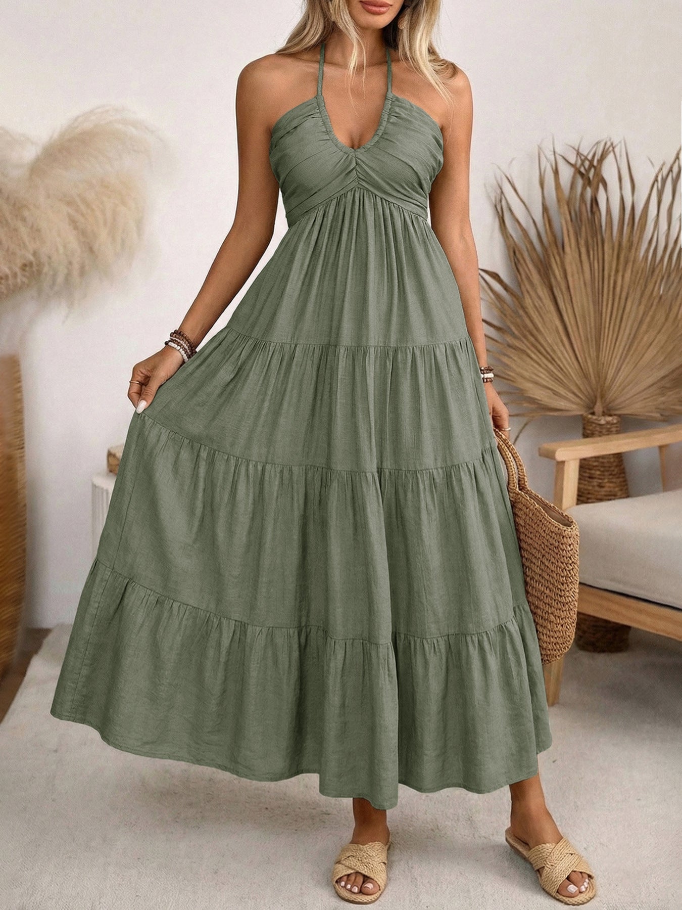 Women's Halter Tiered Maxi Dress Backless Boho Summer Vacation