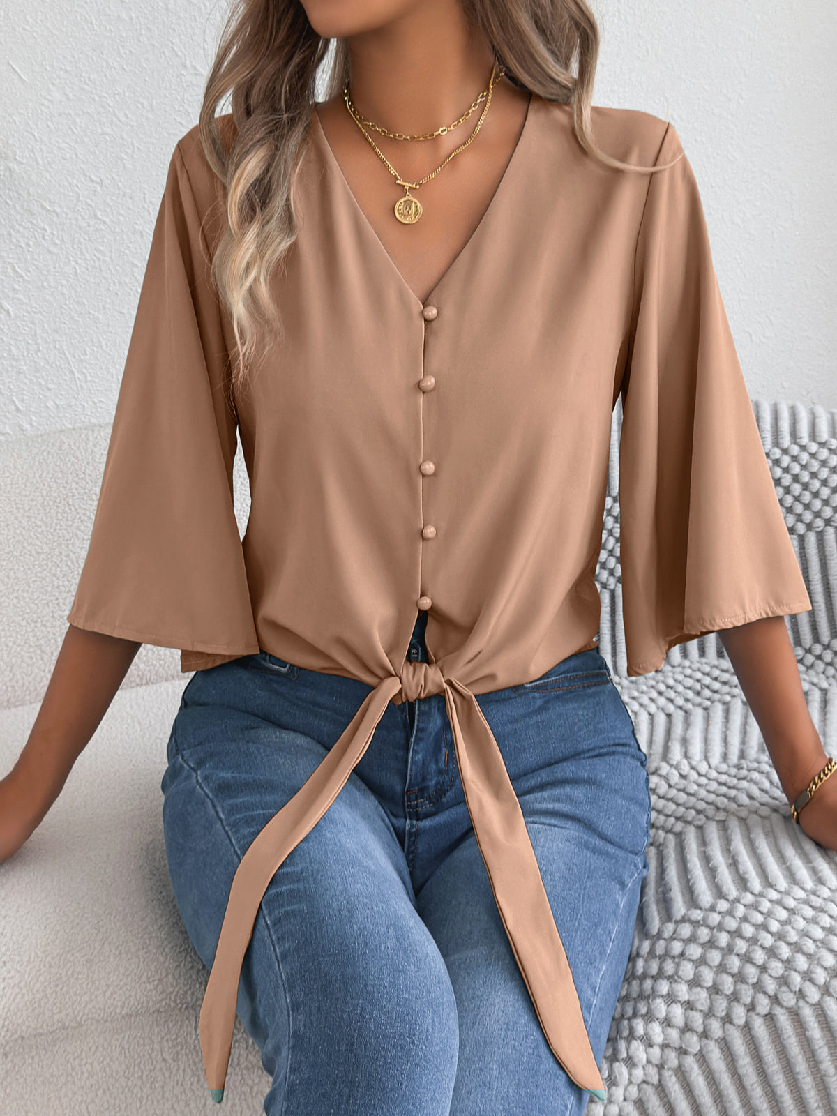 Women's V Neck Button Down Tie Front 3/4 Sleeve Blouse