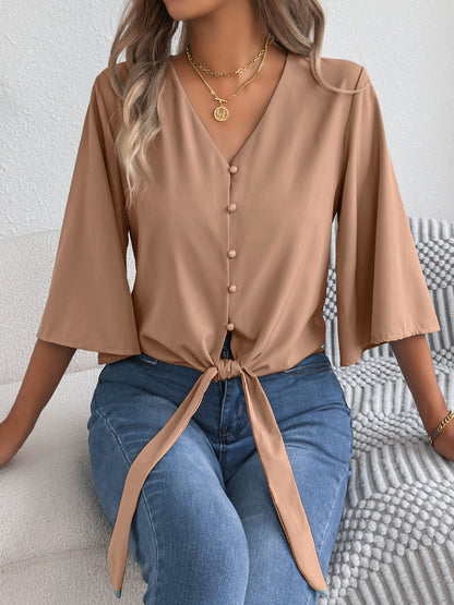 Women's V Neck Button Down Tie Front 3/4 Sleeve Blouse