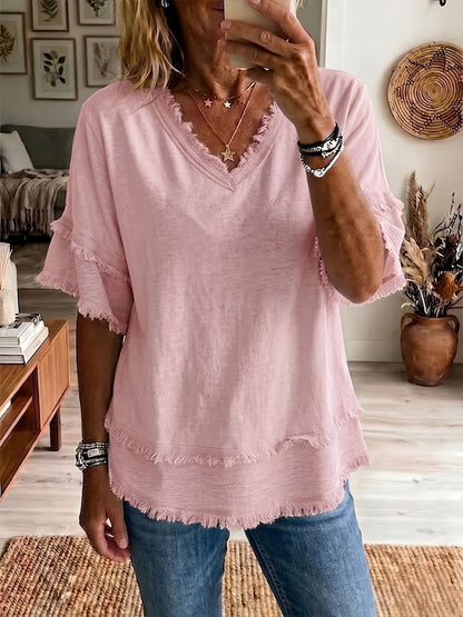 Women's Boho Fringe V-Neck Short Sleeve Linen Blend Top