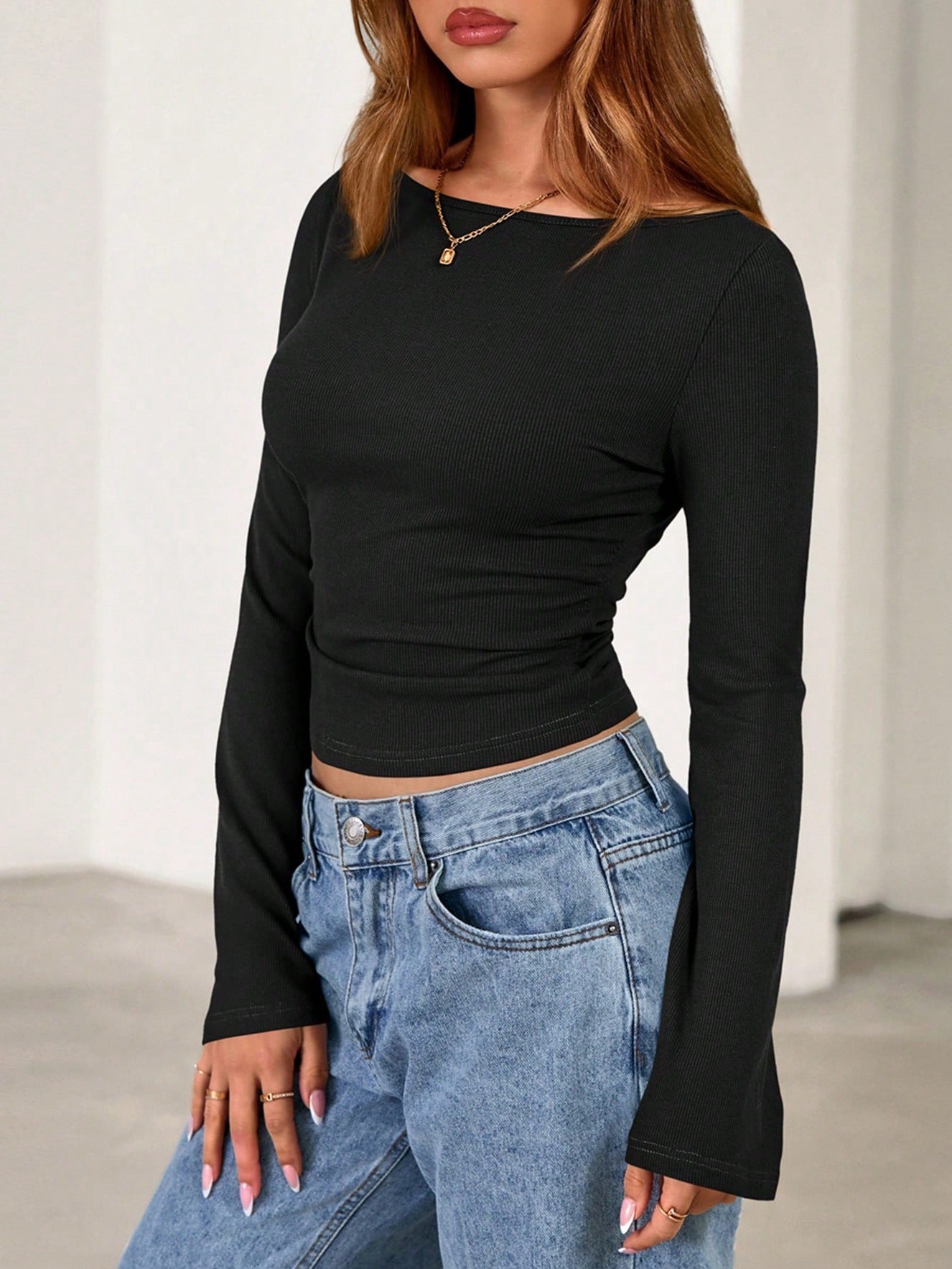 Flare Sleeve Crop Top Y2K Slim Fit Crew Neck Tee