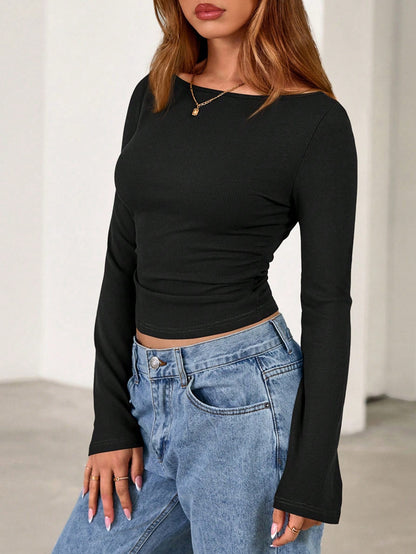 Flare Sleeve Crop Top Y2K Slim Fit Crew Neck Tee