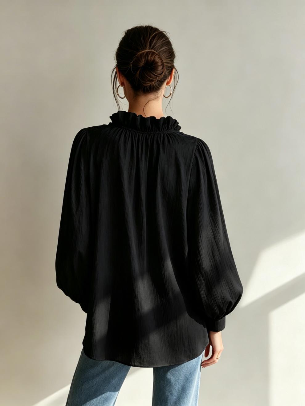 Solid Crinkle Blouse Ruffle V Neck Long Sleeve Top