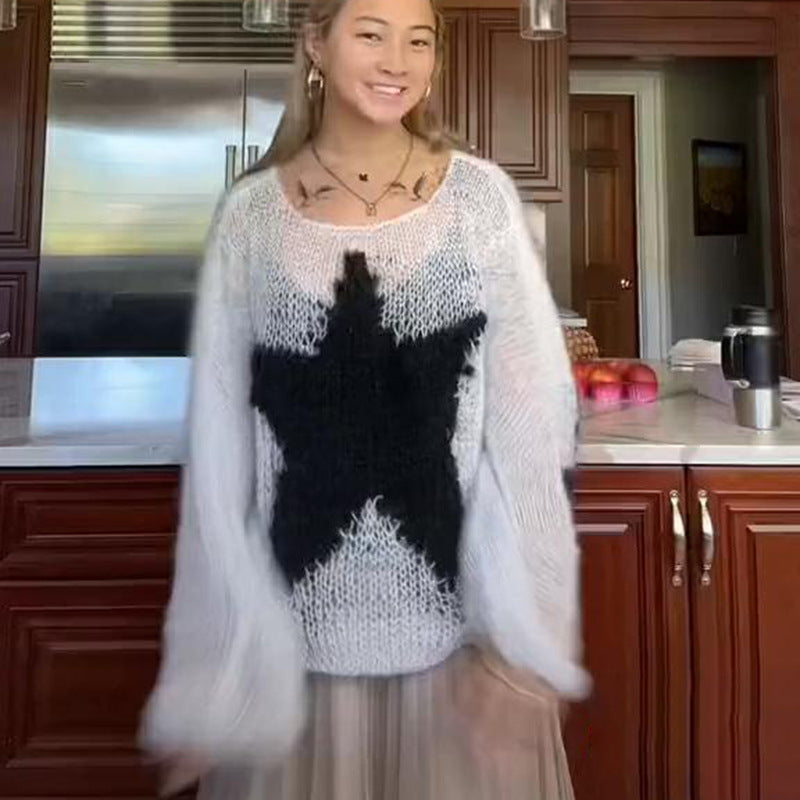 Y2K Mohair Star Sweater Oversized Fuzzy Crewneck Women