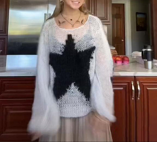 Y2K Mohair Star Sweater Oversized Fuzzy Crewneck Women