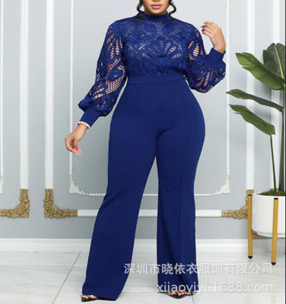 Women Long Sleeve Lace Wide Leg Jumpsuit Elegant