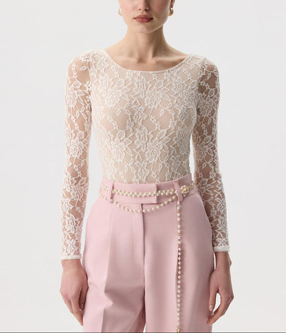 Sheer Lace Long Sleeve Top Fitted U Neck Blouse