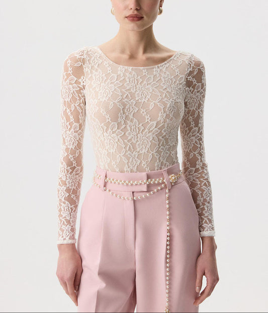 Sheer Lace Long Sleeve Top Fitted U Neck Blouse