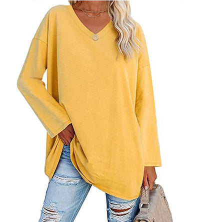Women's Oversized V-Neck Long Sleeve Loose Fit T-Shirt