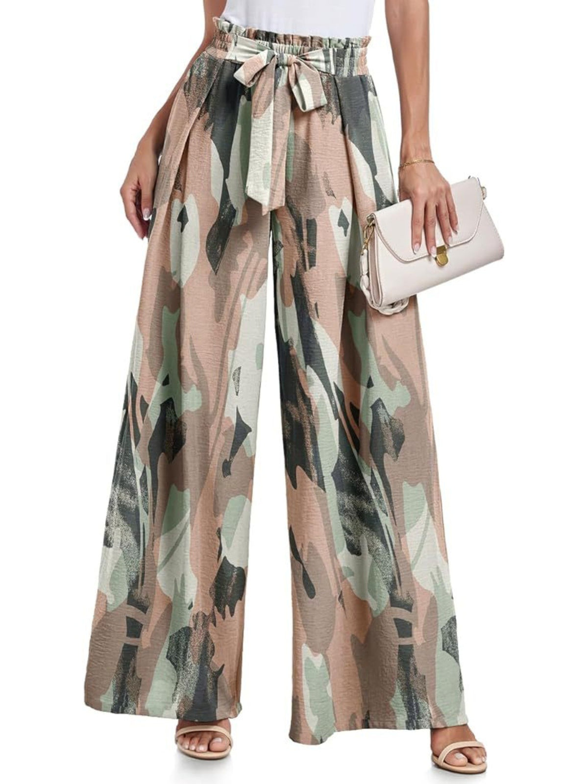 Women's Tie Waist Paperbag Wide Leg Pants