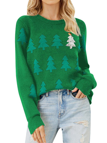 Women's Sequin Christmas Tree Crew Neck Knit Sweater
