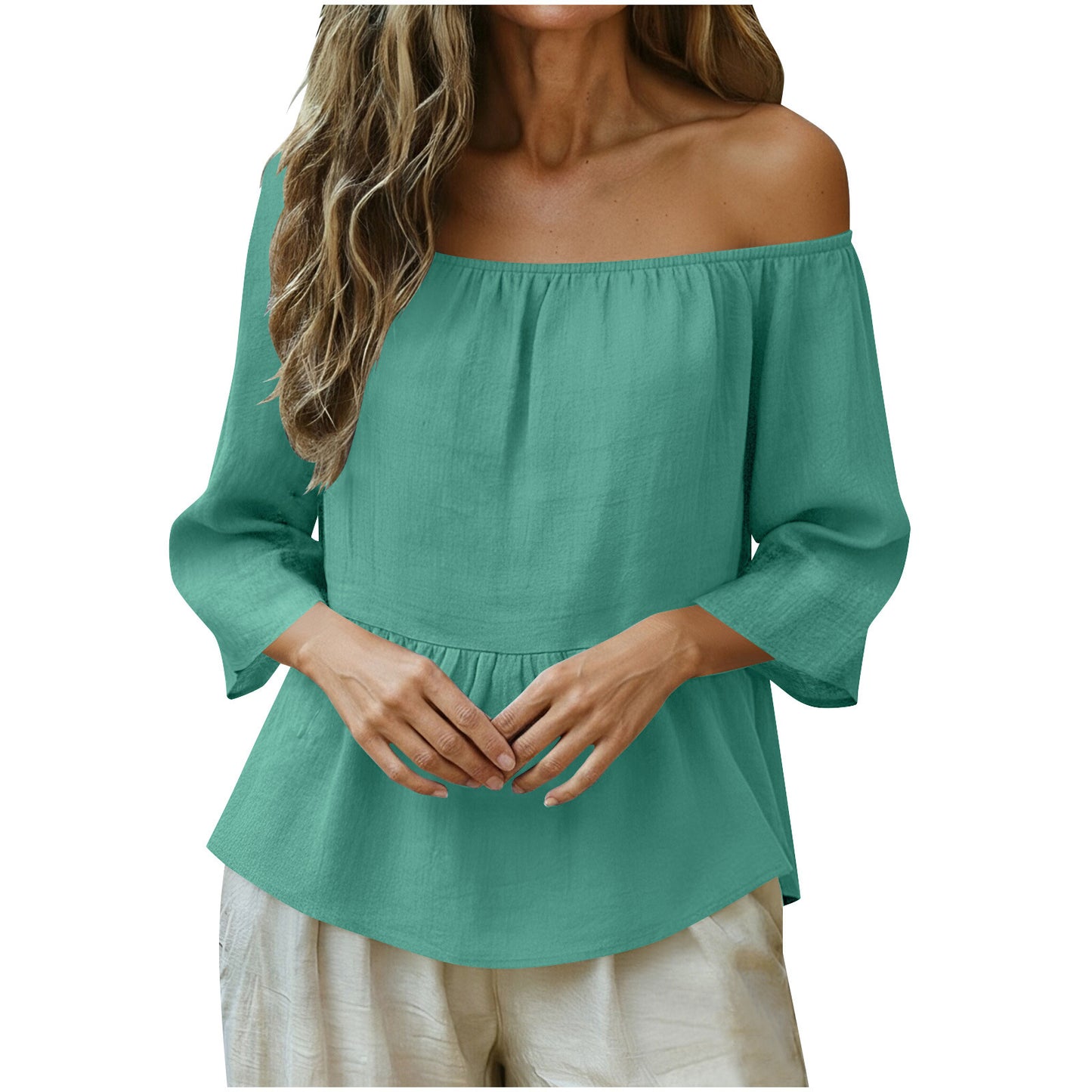 Linen Off Shoulder Blouse Relaxed Fit Boho Top