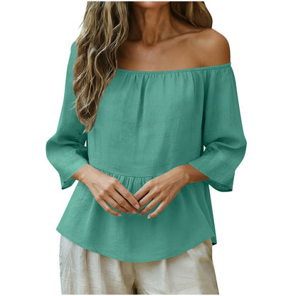 Linen Off Shoulder Blouse Relaxed Fit Boho Top