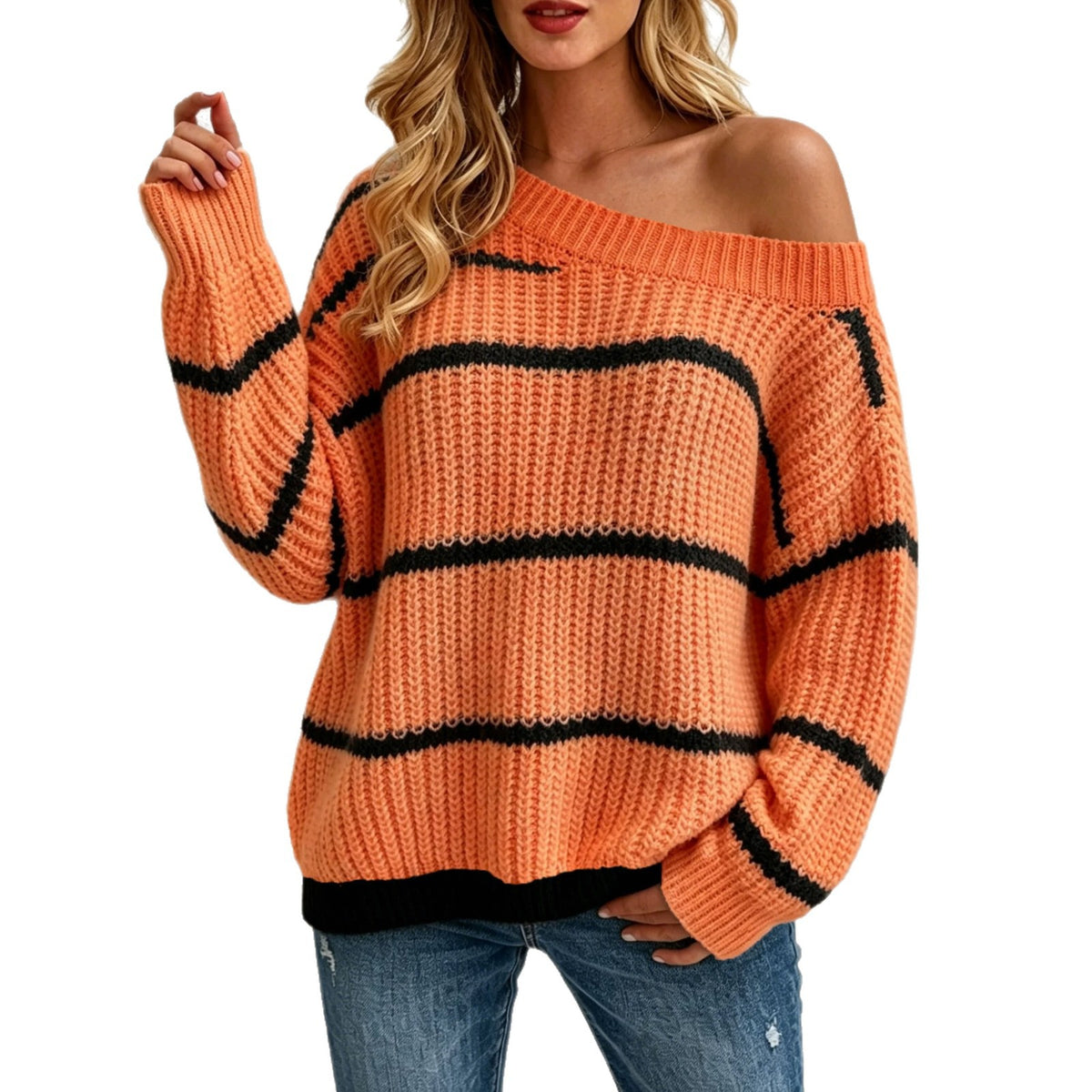 Women's Off Shoulder Striped Oversized Sweater