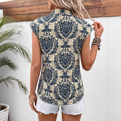 Vintage Art Print Stand Collar Flutter Sleeve Top
