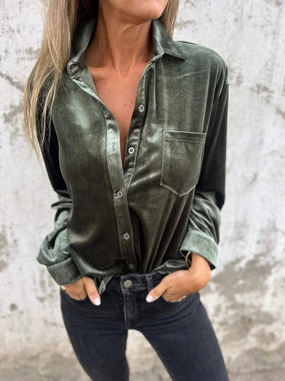 Women's Velvet Button Down Shirt Long Sleeve