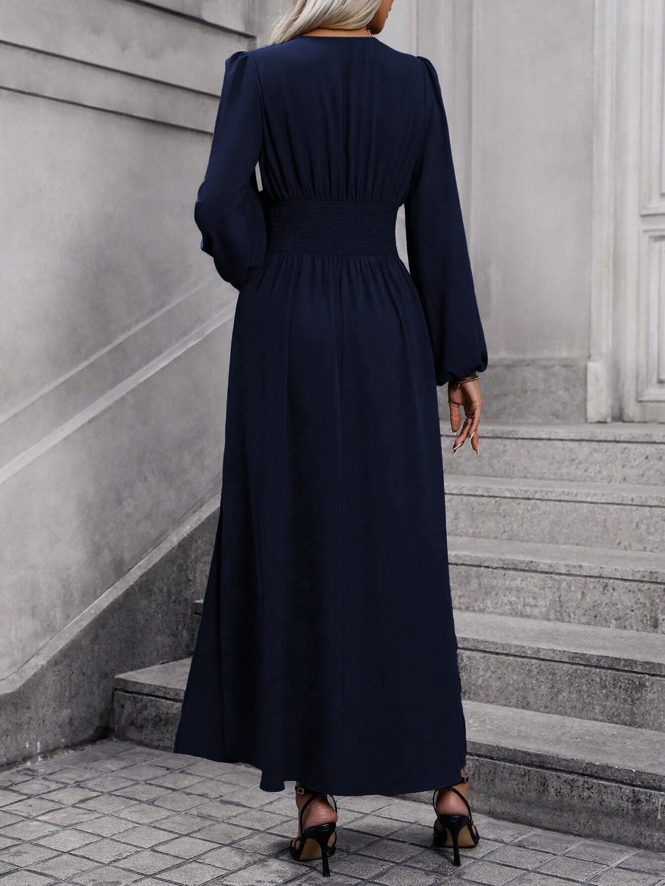 Balloon Sleeve Maxi Dress V-Neck Smocked High Slit