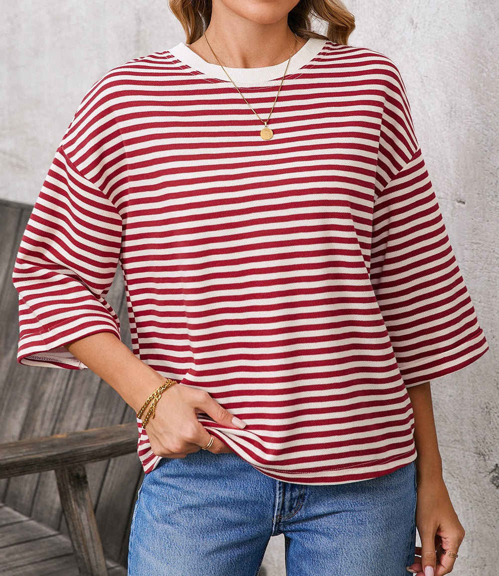 Blue Striped Knit Back Bow Open Back Top Women