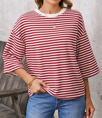 Blue Striped Knit Back Bow Open Back Top Women