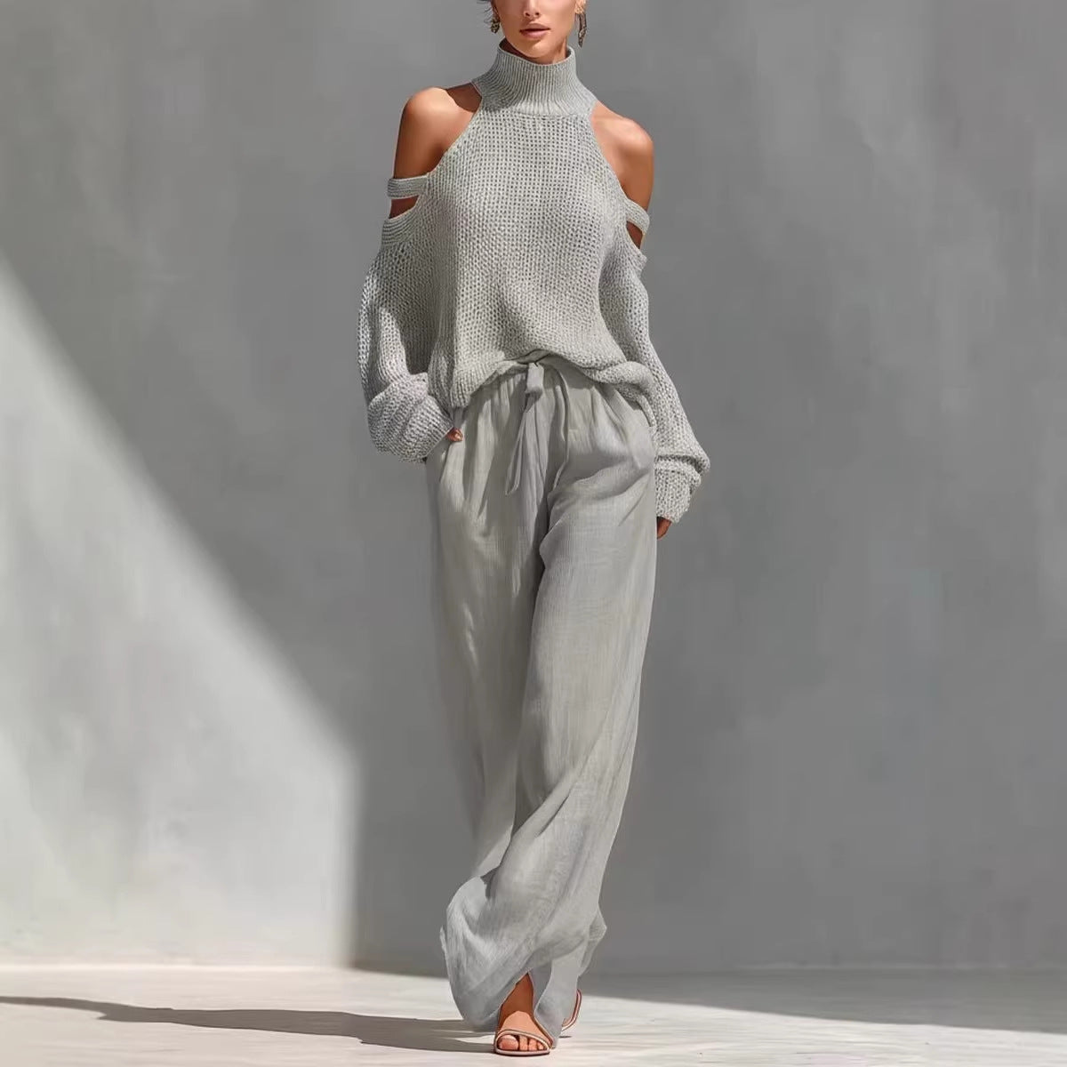 Cold Shoulder Turtleneck Sweater Wide Leg Pants Set