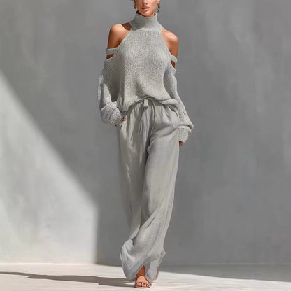 Cold Shoulder Turtleneck Sweater Wide Leg Pants Set