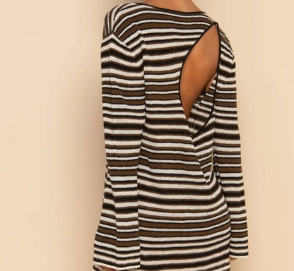 Striped Open Back Long Sleeve Knit Mini Dress
