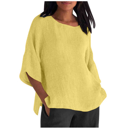 Women's Linen Top Oversized 3/4 Sleeve Round Neck 25 Colors