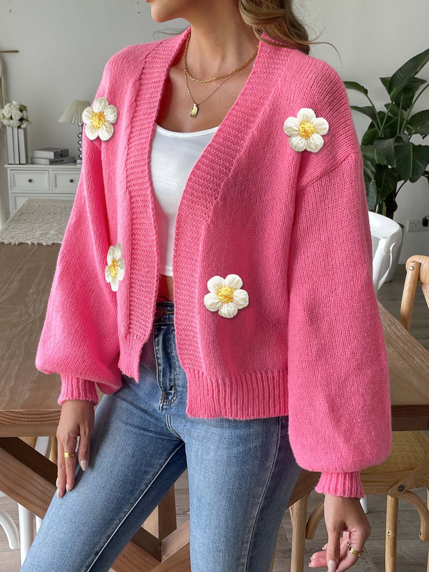 Floral Crochet Knit Cardigan Sweater with Balloon Sleeves