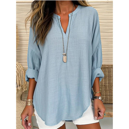 Plus Size V Neck Long Sleeve Cotton Linen Tunic Top