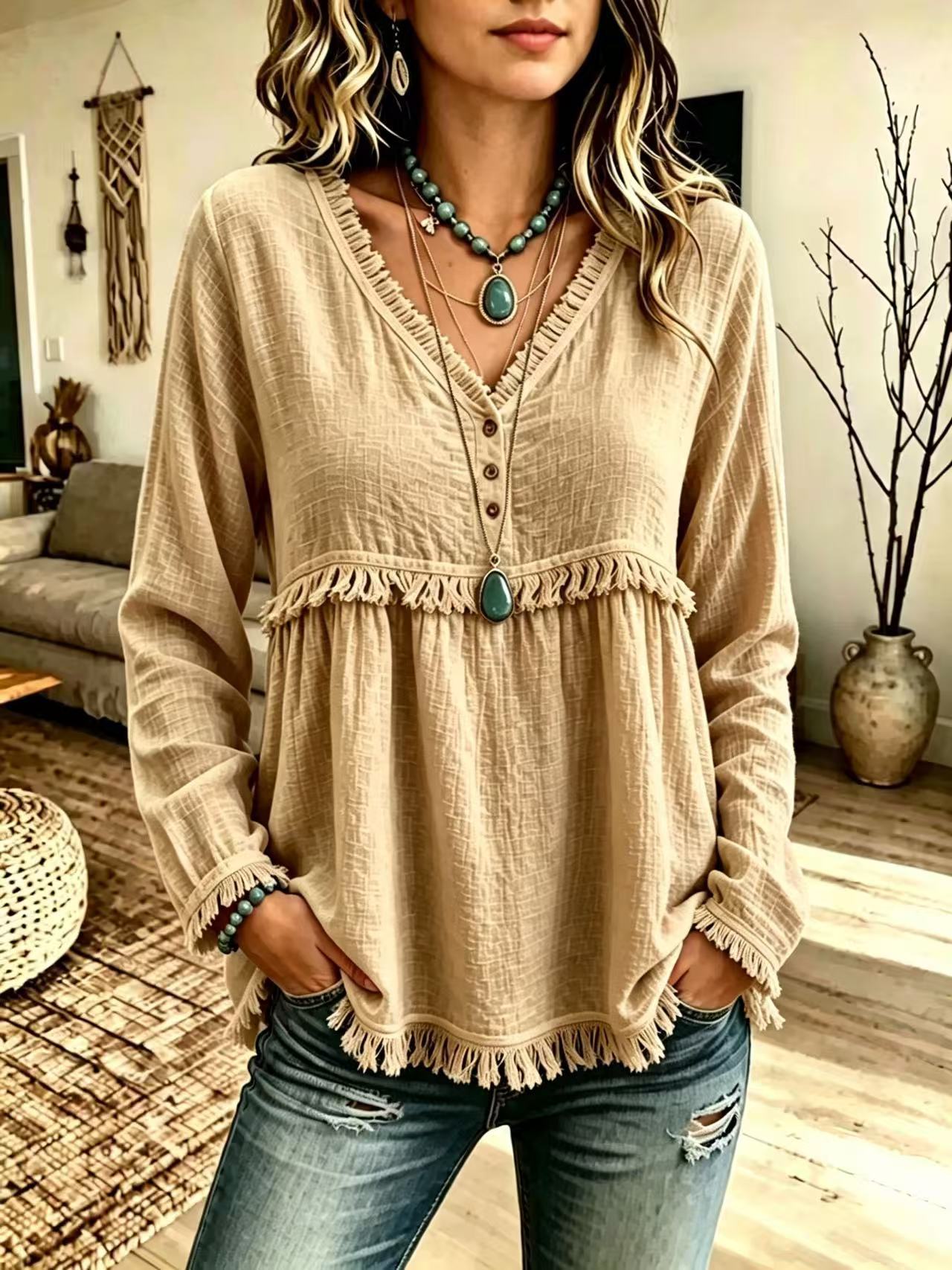 Women's V-Neck Fringe Long Sleeve Casual Blouse