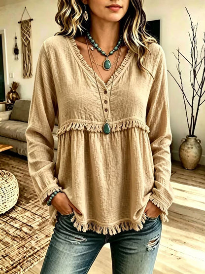Women's V-Neck Fringe Long Sleeve Casual Blouse