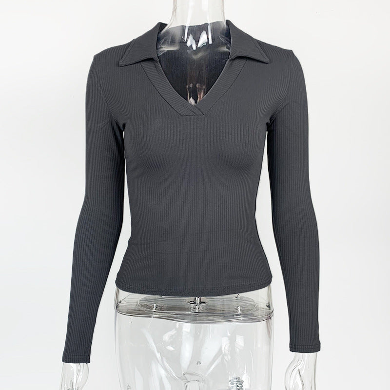 Women's Ribbed Polo V Neck Long Sleeve Fitted Top