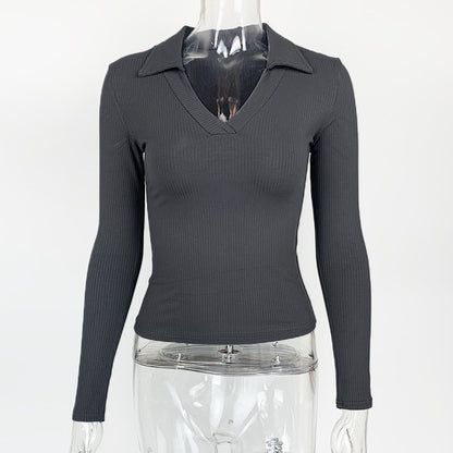 Women's Ribbed Polo V Neck Long Sleeve Fitted Top