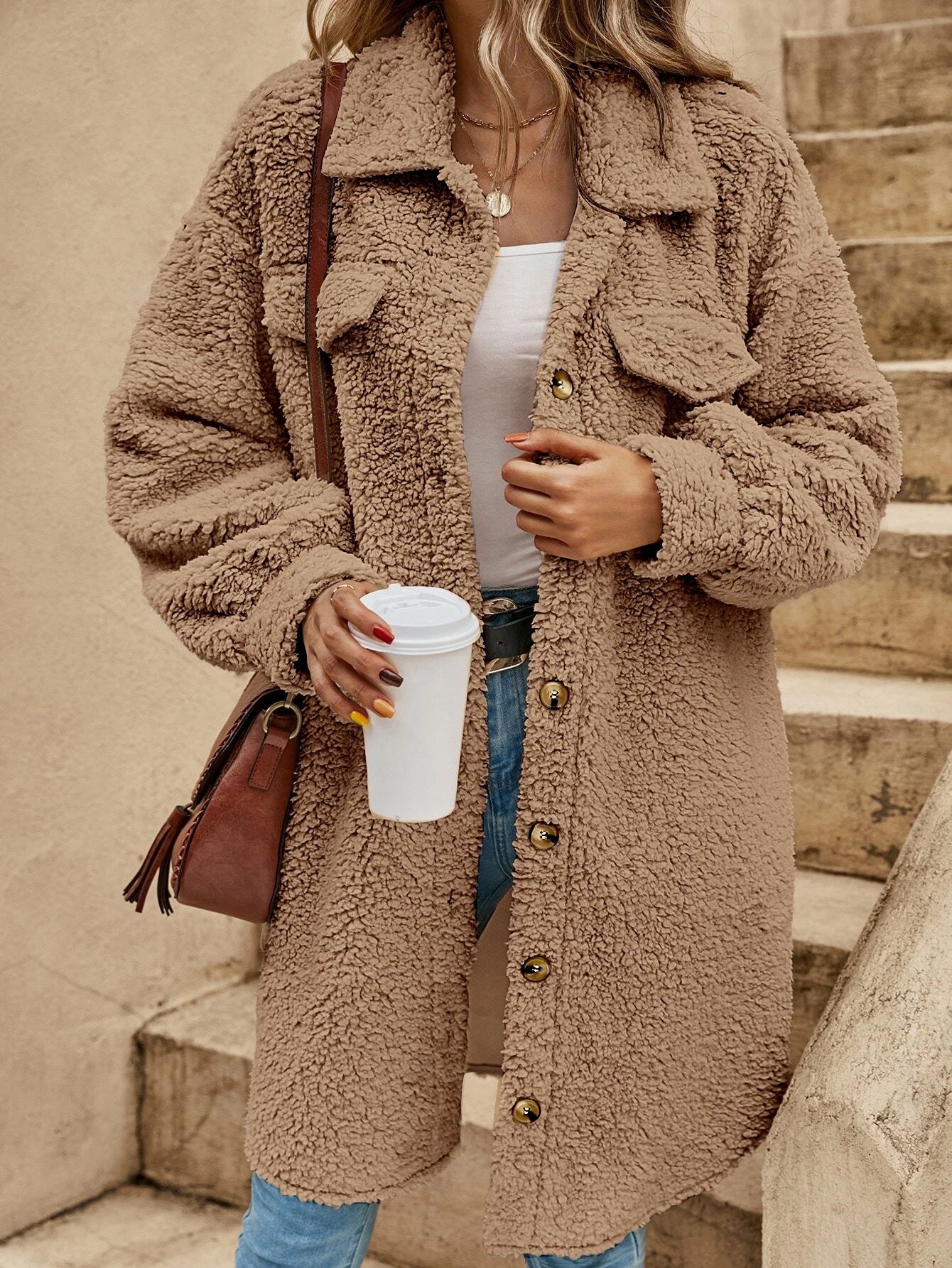 Women's Long Sherpa Jacket Button Down Collared Coat