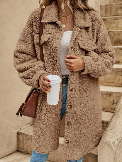 Women's Long Sherpa Jacket Button Down Collared Coat
