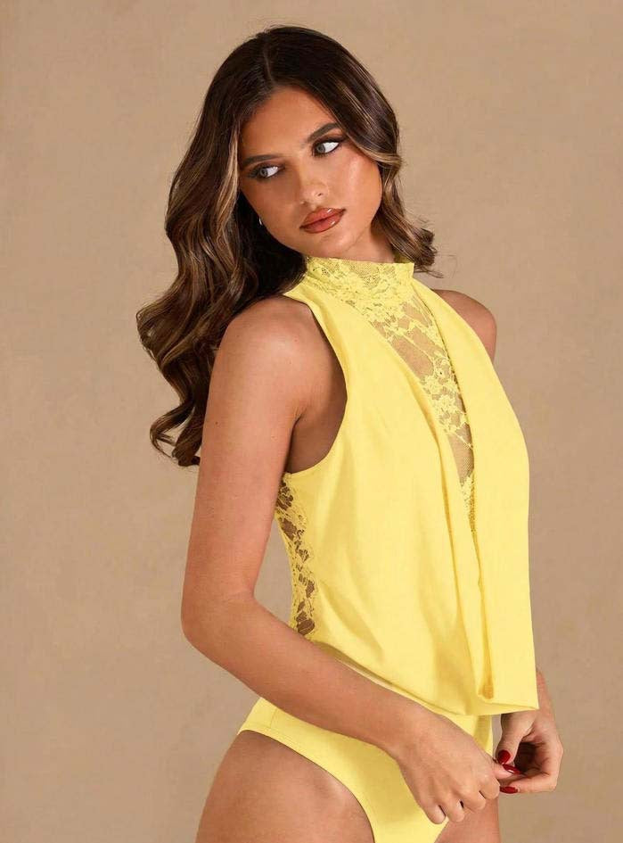 Lace Mesh Halter Bodysuit Sleeveless Backless Party Top