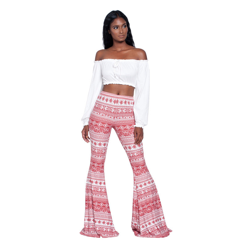 Women's Boho Printed Stretch Flare Pants Bell Bottoms