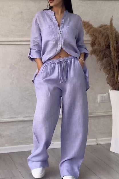 Cotton Linen 2 Piece Set Wide Leg Pants Button Shirt