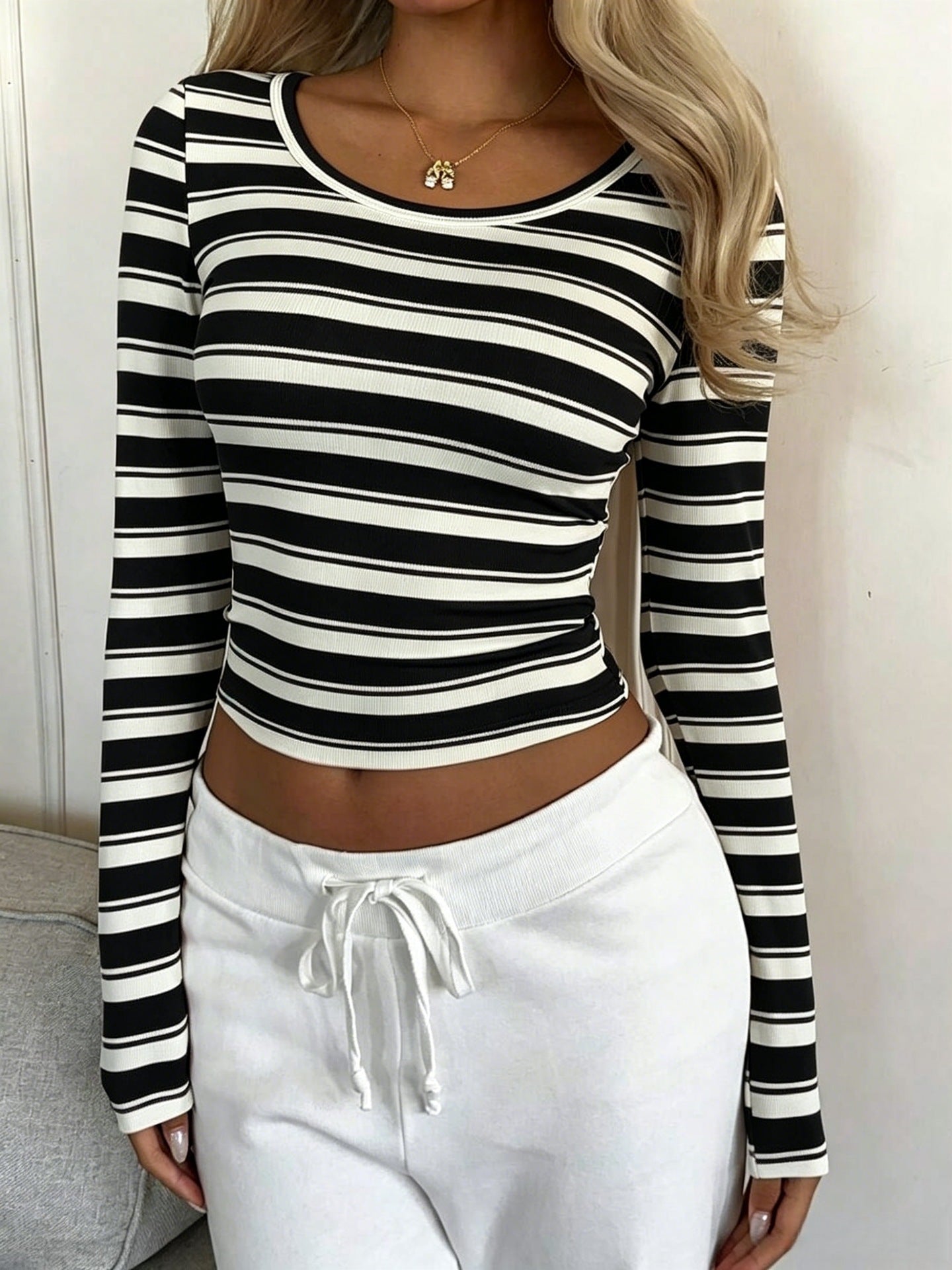 Stripe Ribbed Fitted Crop Top Crew Neck Long Sleeve Tee