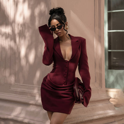 Sexy Deep V Blazer Dress Long Sleeve Bodycon Mini Dress