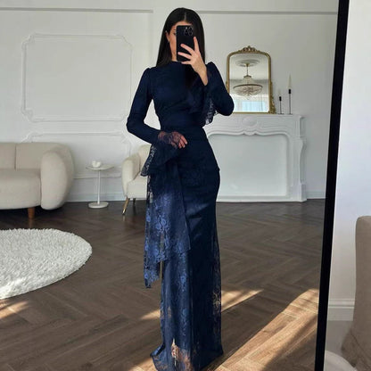 Lace Mock Neck Long Sleeve Bodycon Evening Maxi Dress