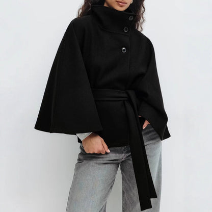 Women's Belted Cape Coat Mock Neck Button Front Jacket