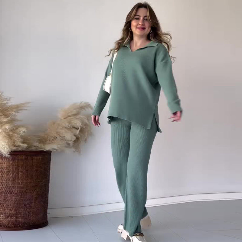 Ribbed Knit Side Slit Lounge Set Wide Leg Pants